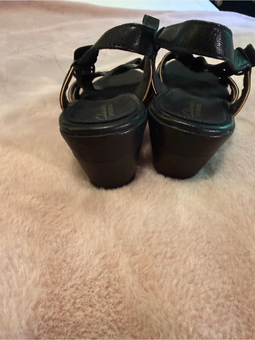 Clarks Black Leather Cutout Slingback Sandals with Gold Buckle